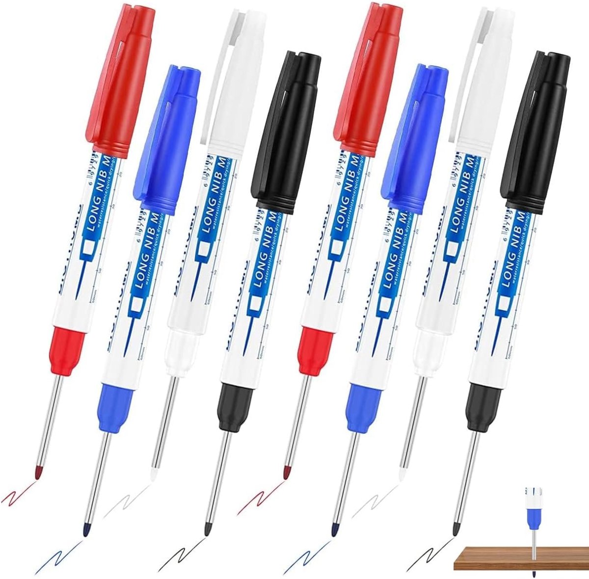 Thijox - Boorgatmarkers 8 Stuks - 30 mm Extra Lange Punt - Draagbare Markeerstift voor Hout, Metaal, Beton, Kunststof - Kleur: Blauw, Rood, Zwart, Wit