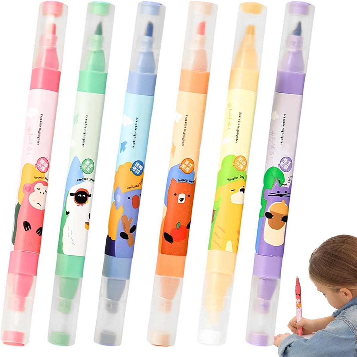 Thijox - Esthetische Markeerstiften Set van 6 Kleuren Dubbelzijdige Markerpen met Diermotief - Soepel Schrijvende Stiften voor Journaling, Tekenen, No