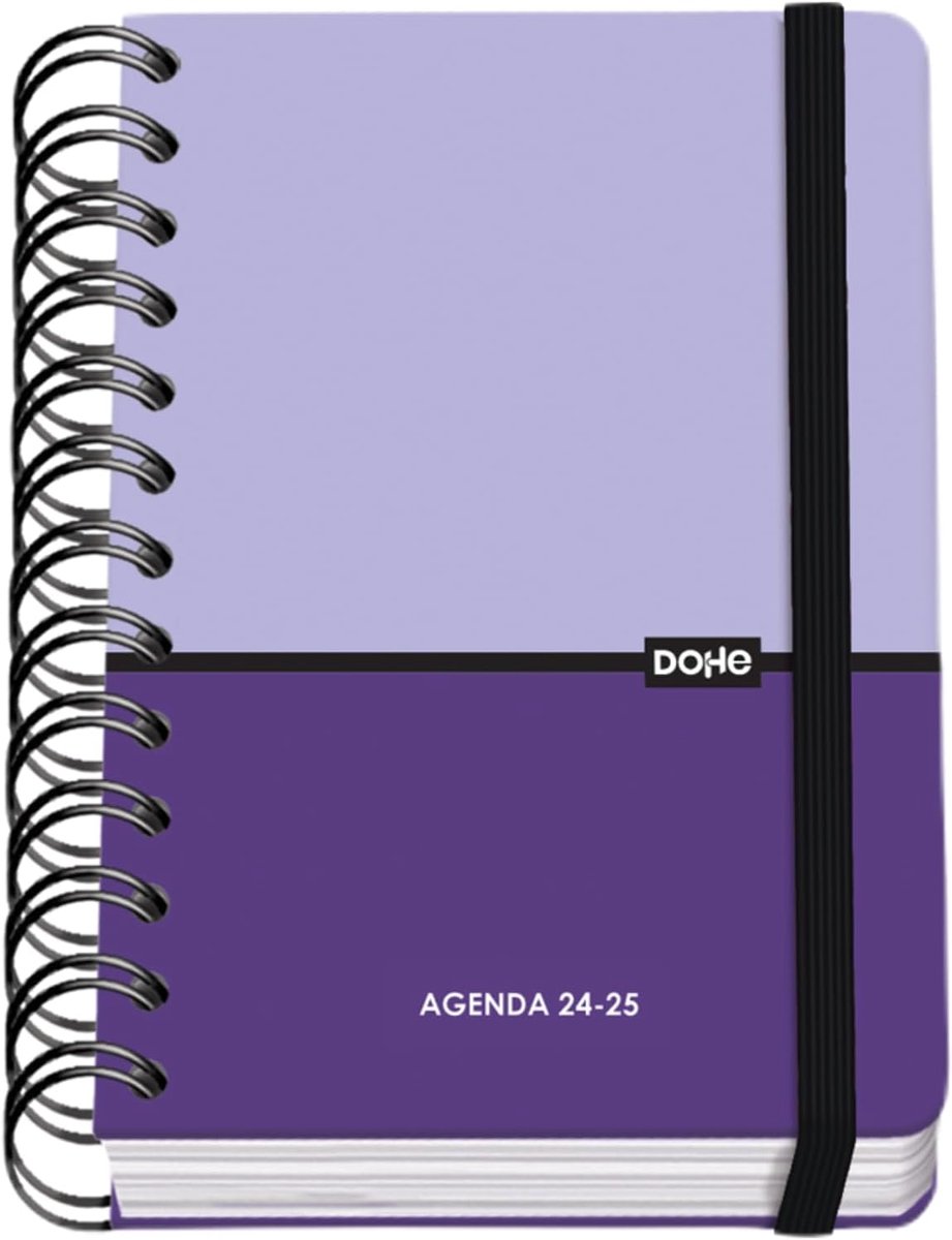 Thijox - Dohe Schoolagenda 2024-2025 A6, Dag per Pagina, Ringsluiting, Rubber, Spaans en Engels, 4 Stickerpagina's, Duo Violet, Schoolmateriaal voor K