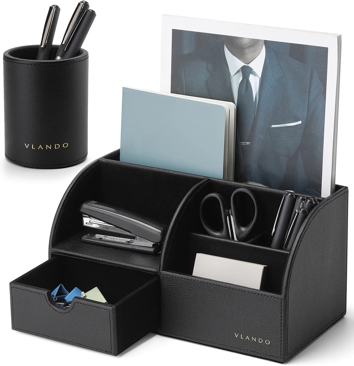 Thijox - Bureau-organizerset van leer, multifunctionele pennenhouder met lade, organizer voor tablet en documenten, perfect cadeau voor Vaderdag en ma