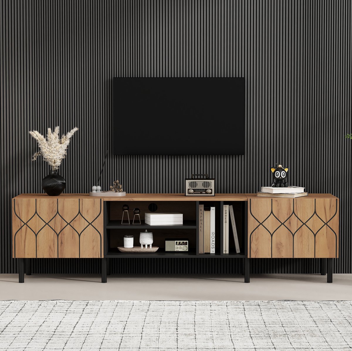 FloraGrace Dressoir - TV-Meubel Met 2 Deuren En 4 Open Vakken - Voor Woonkamer En Slaapkamer - MDF En Spaanplaat - 180x40x50 Cm - Zwart Naturel