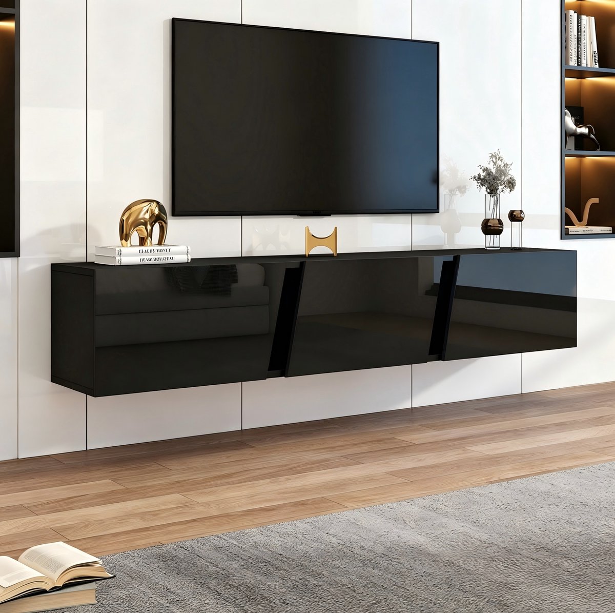 FloraGrace Dressoir - Wandgemonteerde Tv Kast Met Led Verlichting En 3 Klepdeuren - Voor Woonkamer - Spaanplaat En Acryl - 180x35x30 Cm - Zwart