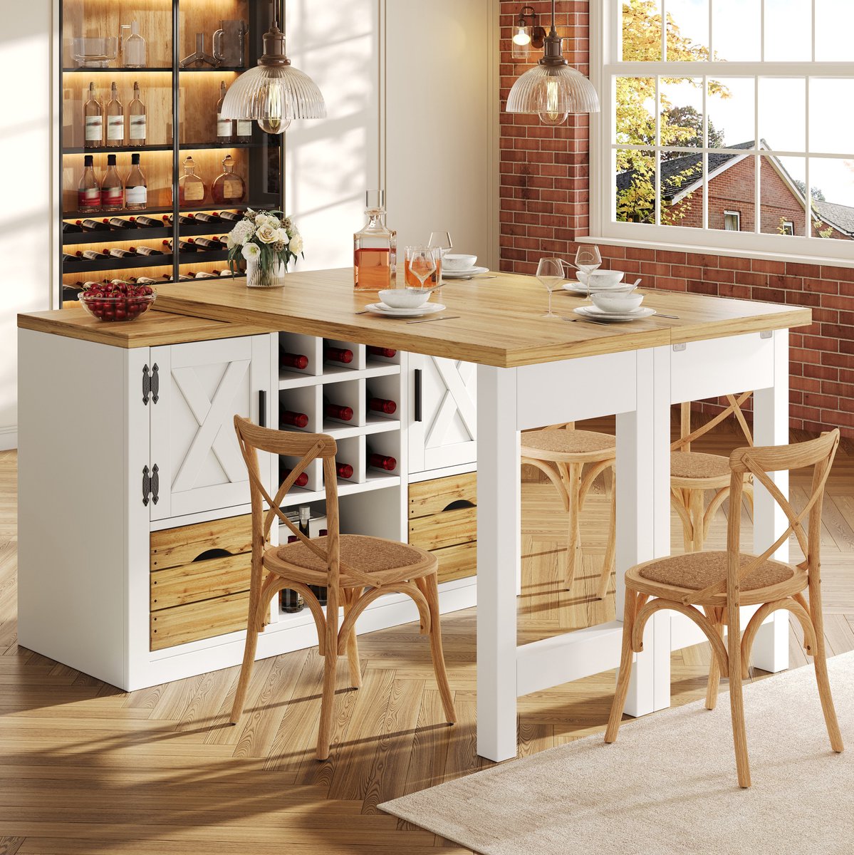 FloraGrace Eettafel - Uitschuifbaar Met 360 Graden Draaiblad En Opbergruimte - Voor Keuken En Eethoek - MDF - 197x40x72 Cm - Wit