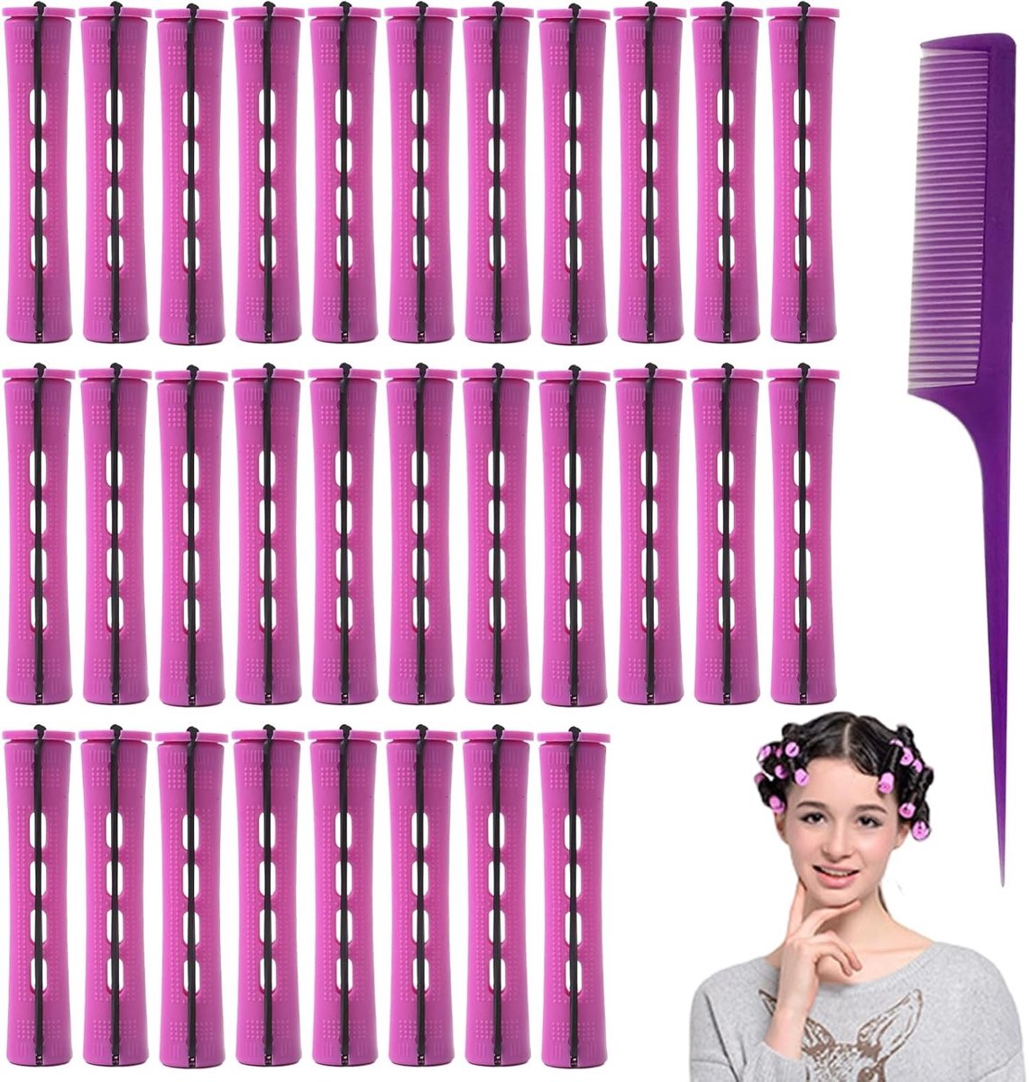 Set van 30 Middelgrote Haarrollers van 19mm - Plastic Krulrollers voor Permanente Krullen met Kam - Creëer Schadevrije, Exquise Krullen voor Elke Haarstijl