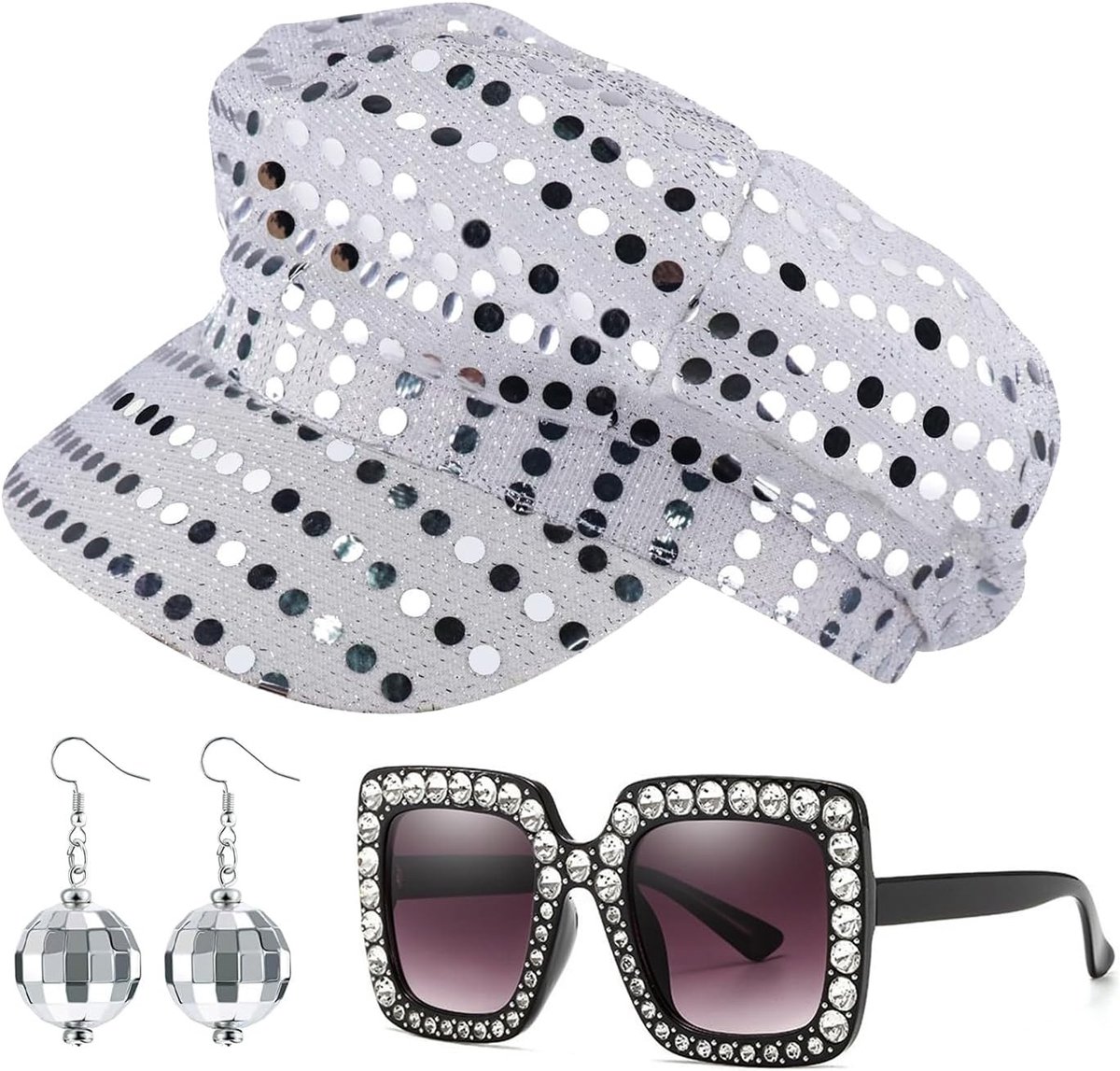 70s Disco Hoedenset met 3 Stuks, Glimmende Zilveren Hoed, Vintage Disco Zonnebril en Oorbellen, Perfect voor Feestjes en Retro Kostuums