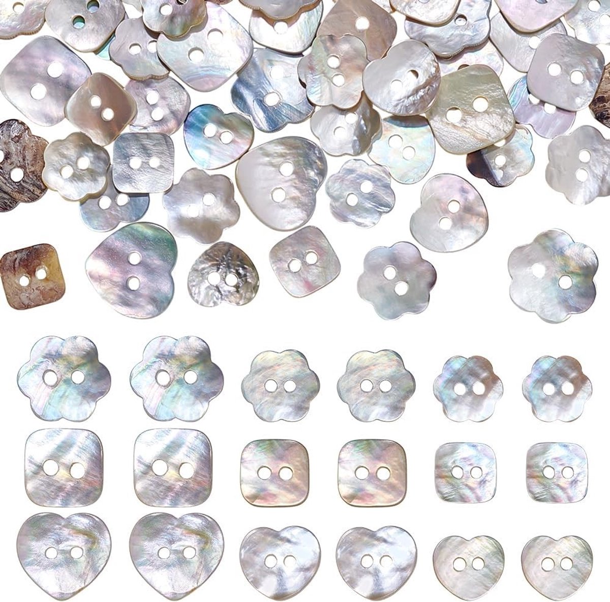 90 Stuks Natuurlijke Schelp Knopen in 3 Vormen, 10-15mm, 2-Hole Bloem/Square/Hart Knopen voor Kleding, Handwerk en Accessoires