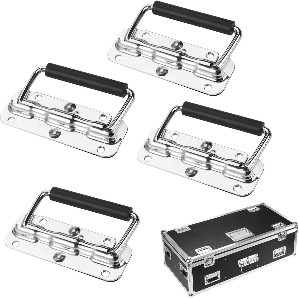 Set van 4 RVS Vouwhandgrepen met Geïsoleerde Rubber Handgreep, Voor Luidsprekers, Gereedschapskisten en Deuren, Boorgatdiameter 6 mm