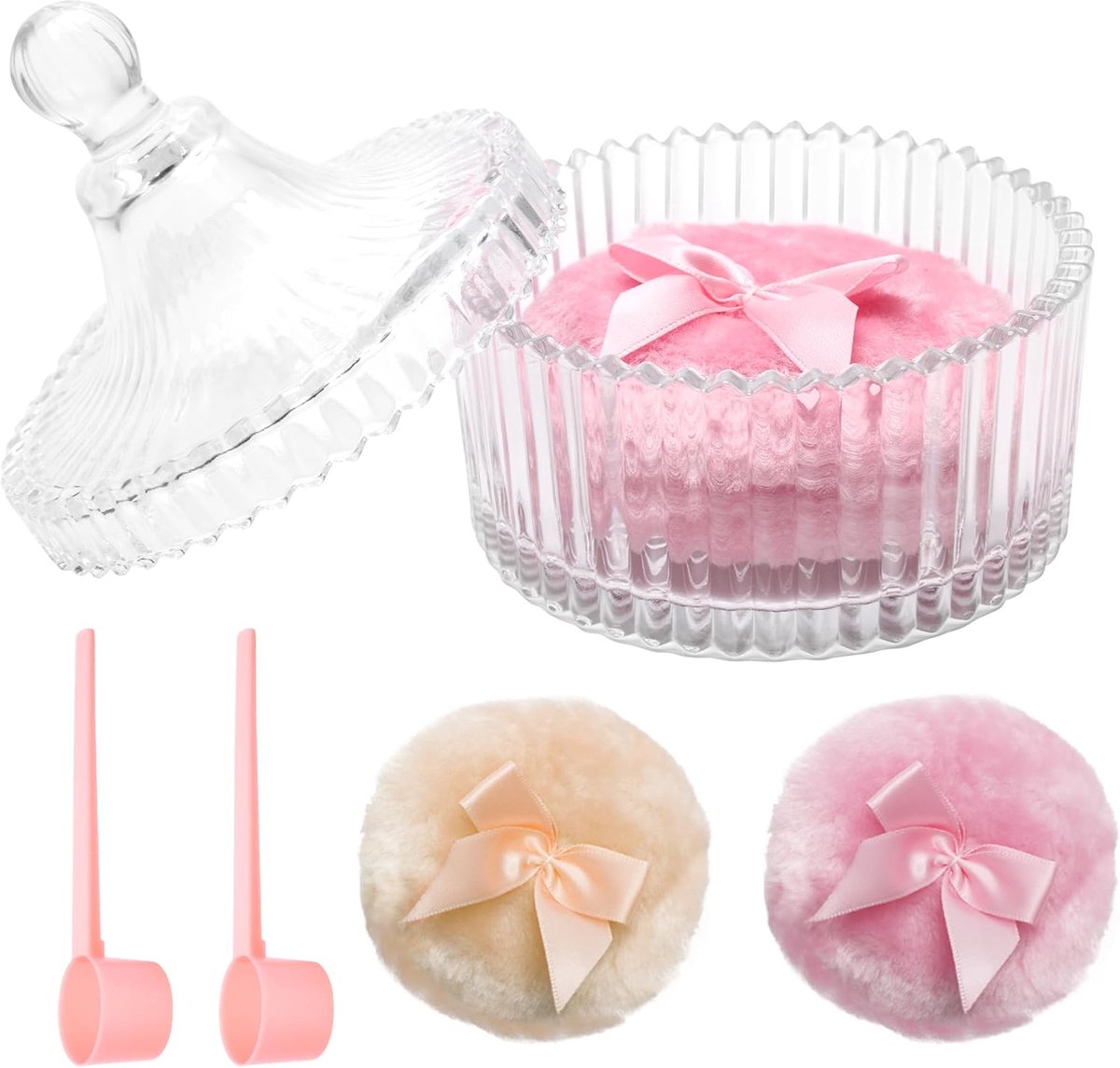 Thijox - Pudereenvoud Set met Glazen Poederkwast voor Lichaamspoeder - Groot Poeder Puff Container met 2 Zachte Fluffy Kwasten en Lepel - Roze Beige -