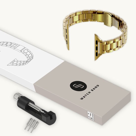 Gouden 'Stainless Steel' schakelbandje voor Apple Watch, naast een doos en een tool om schakels te verwijderen.