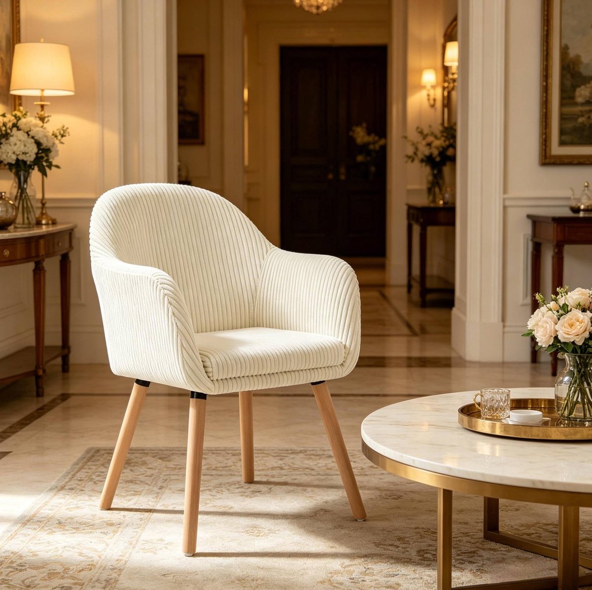 OKWISH Eetkamerstoel – Zacht Gevoerd Met Armleuningen – 1 Stuk – Ribstof – Scandinavisch – Beige – Voor Eetkamer, Woonkamer Of Bureau