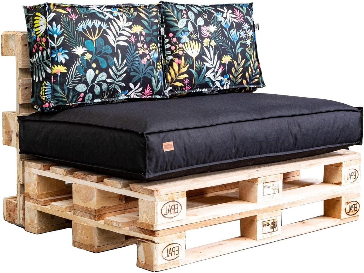 Tuinkussen Set - Pallet Kussens - Buiten Zitten - Waterafstotend - 120x80x15 cm - Zwart en Weide