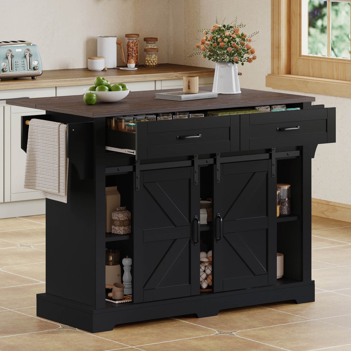 COVREO Keukenkast 120 x 45(70) x 91 cm - met uitklapbaar werkblad, 2 schuifdeuren en 2 lades, zwart