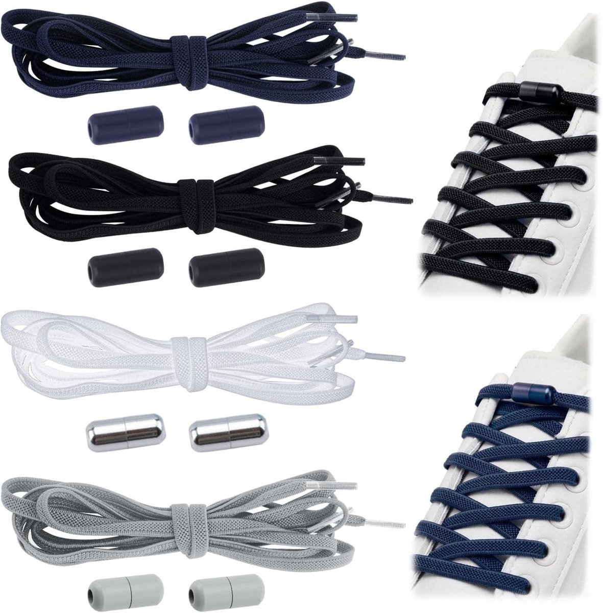 No Tie Elastische Veters in 4 Kleuren met Capsulevormige Gesp voor Kinderen en Volwassenen, Geschikt voor Alle Schoenen, Zwart, Wit, Grijs, Marineblauw
