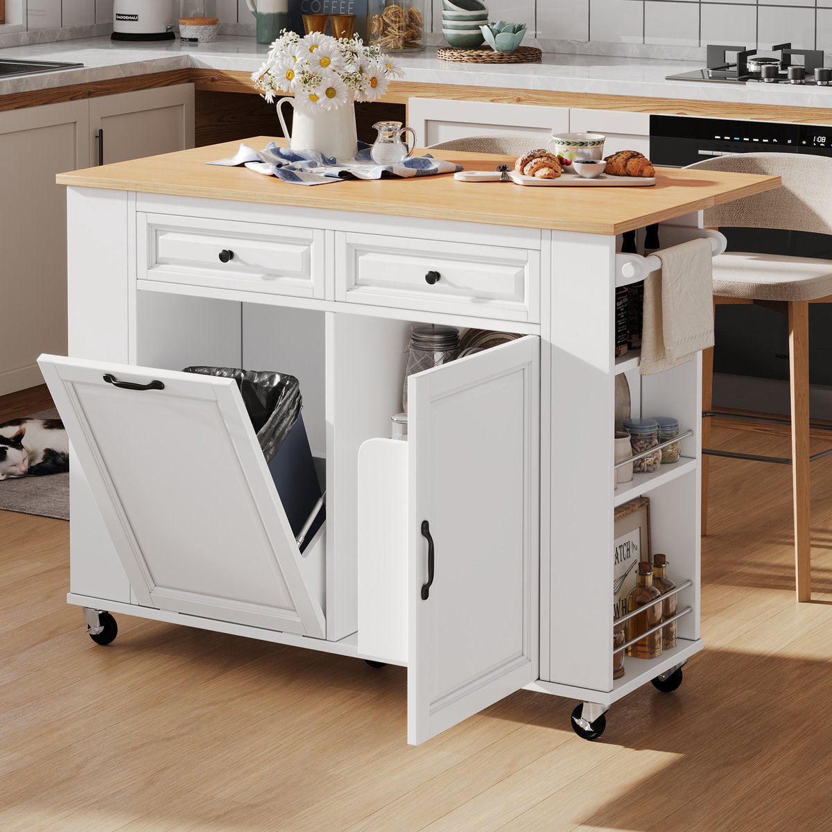 COVREO Keukeneiland met wielen 120 x 40-70 x 92 cm - uitklapbaar werkblad, wit naturel
