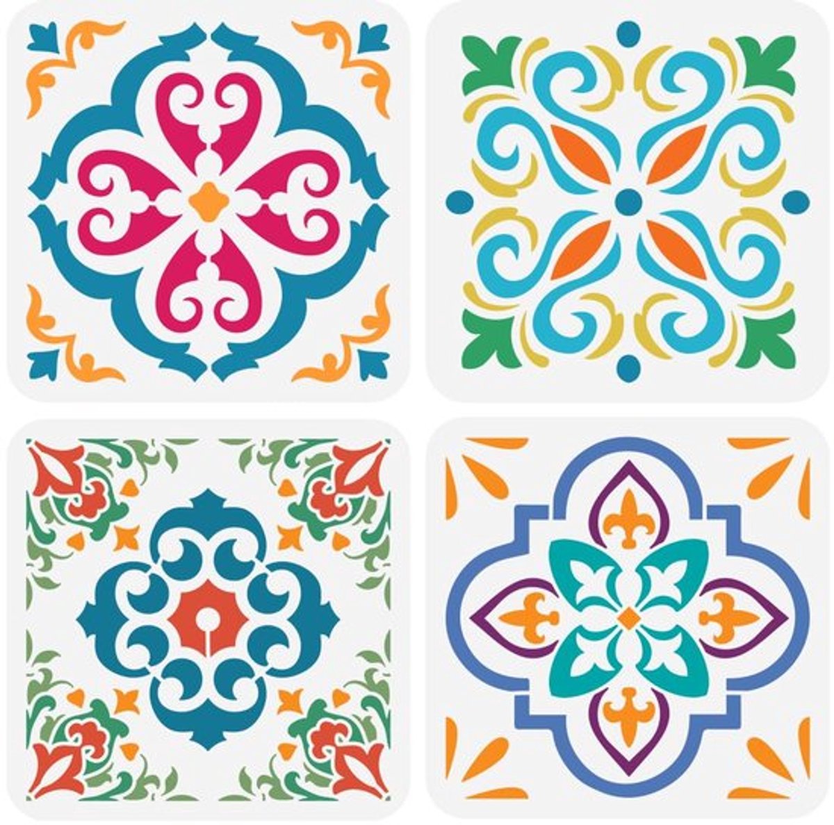 4 stuks schildersjablonen met tegelpatroon, 20 x 20 cm, damast-randsjabloon, herbruikbaar, voor schilderen op muren, houten vloeren, tegels, canvas, stof, meubels