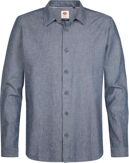 Blauw overhemd met lange mouwen, voorkant.