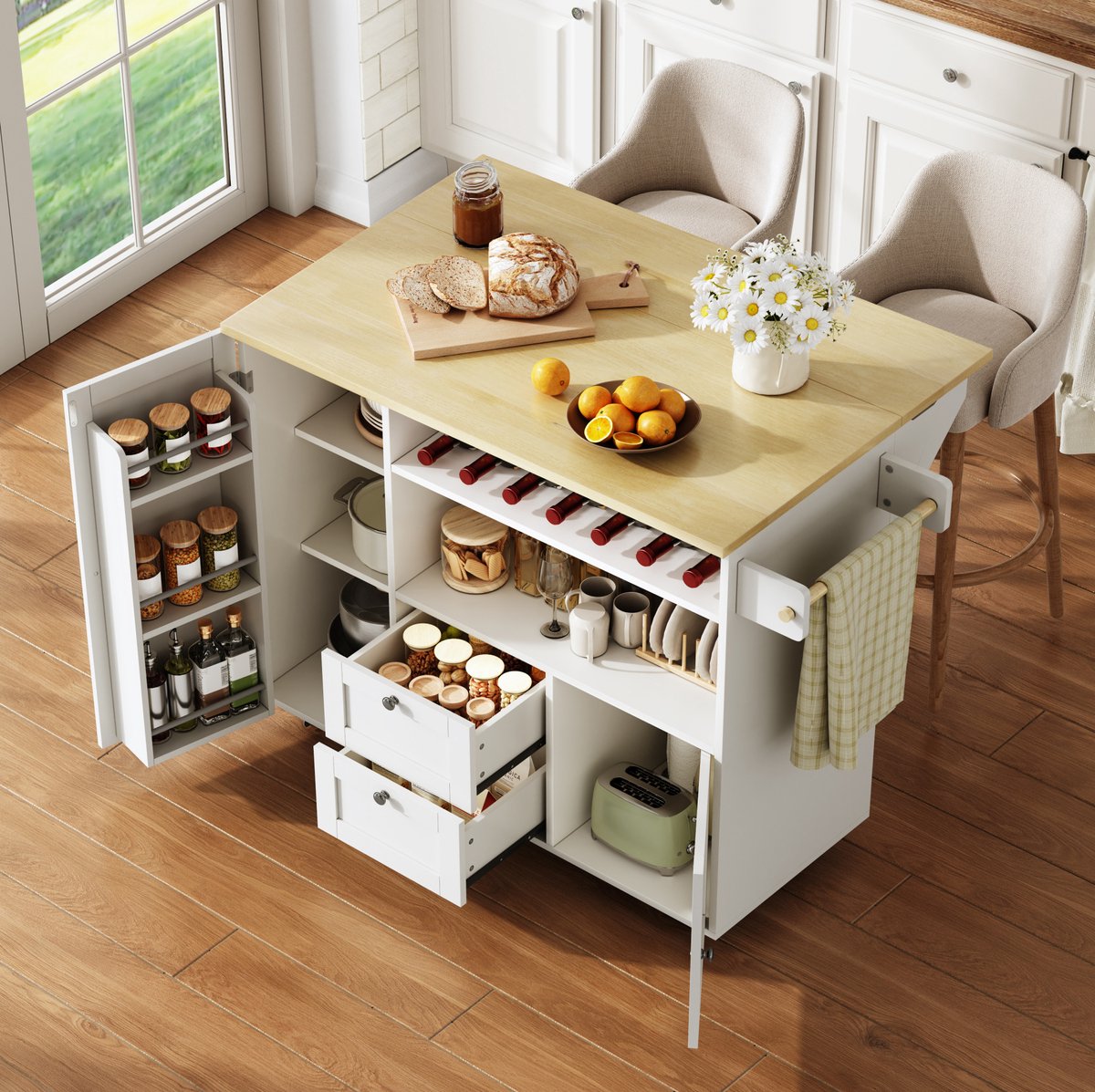 Wishdor - Keukenkast - Verrijdbare keukeninsel met klapblad, 2 lades en wijnrek - Modern - Keuken of eetruimte - Houtlook wit - 104 x 45(69) x 89 cm