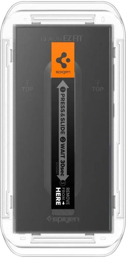Een montageframe met een 'EZ Fit' Spigen installatie-instructie: 'Press & Slide, Wait 30sec, Remove From Here'.