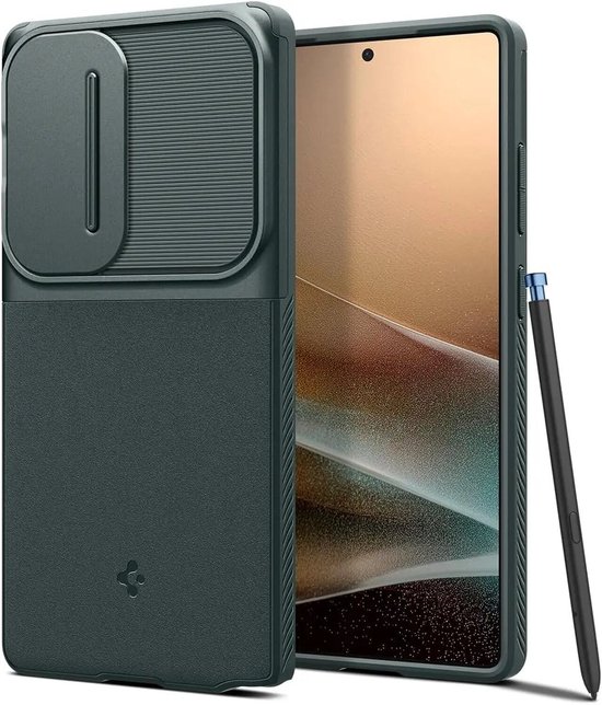 Coque Spigen Optik Armor verte pour Samsung Galaxy S25 Ultra avec stylet.