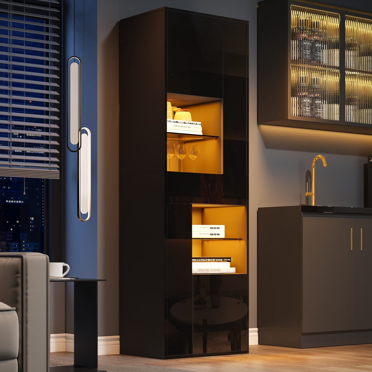 MODFU - Vitrinekast - Hoogglans - LED Verlichting - Zwart - 55 X 38 X 170 Cm