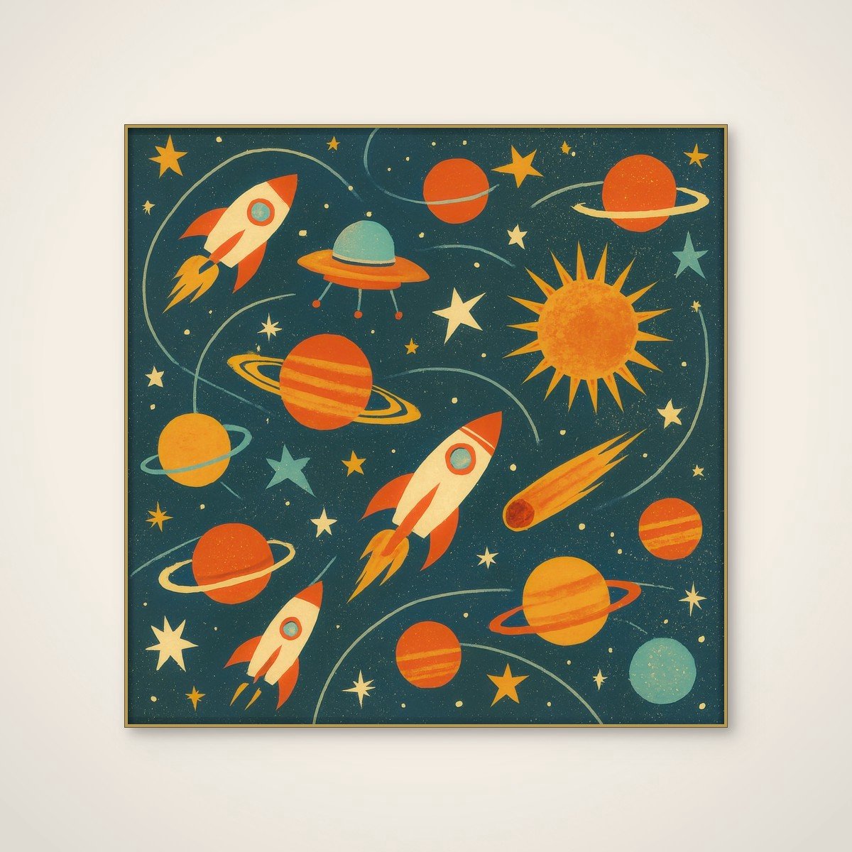 Akoestisch schilderij - 100 x 100 cm - Planetary Exploration van Taudalpoi - Abstracte wanddecoratie - goud textielframe