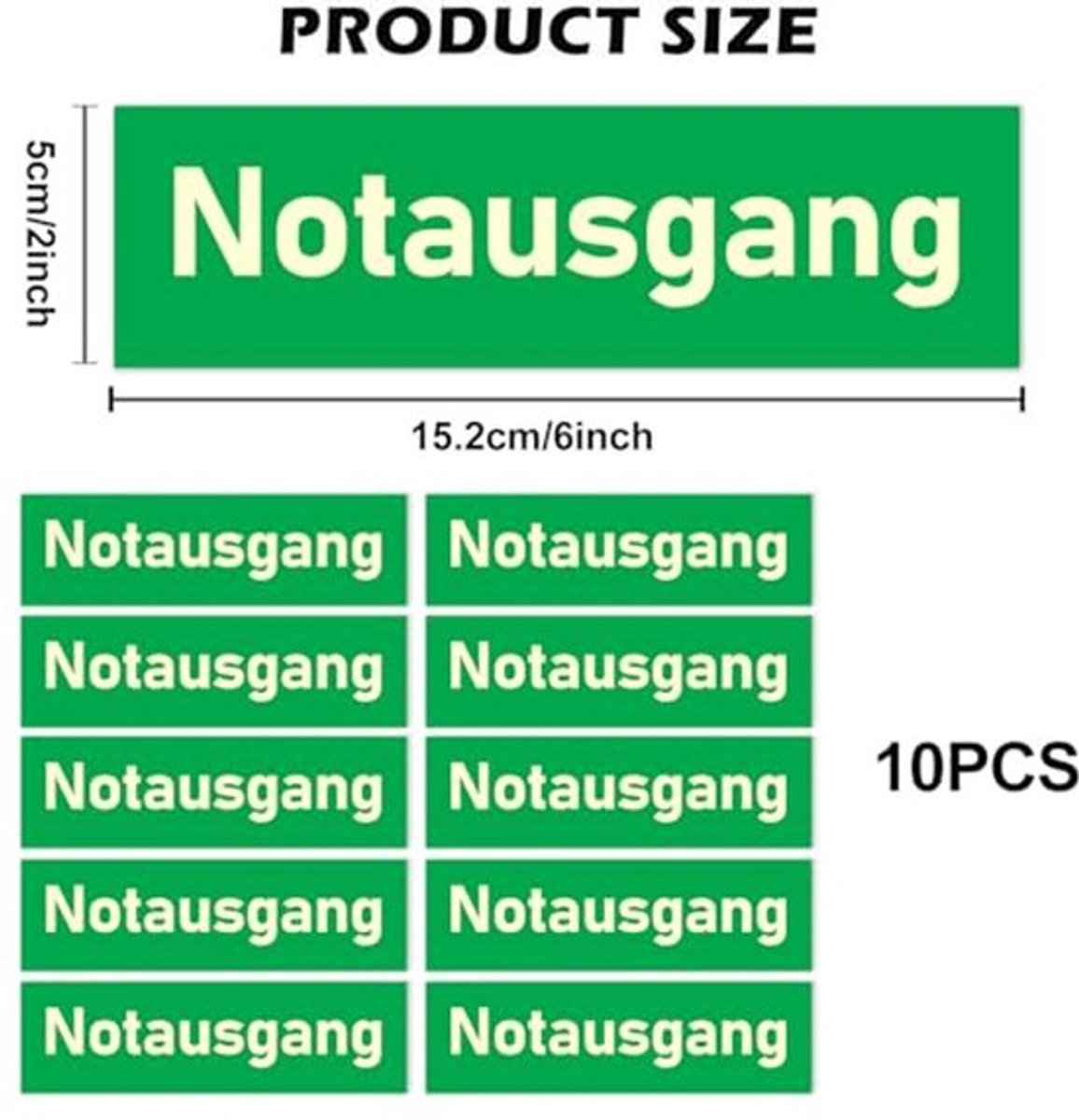 Set van 10 Zelfklevende Panelen, Nooduitgangen, 30 x 10 cm, PVC, Zelfklevend, Informatiepaneel Uitgangspaneel, Nooduitgang, Veiligheidsmarkering, Fosforescent