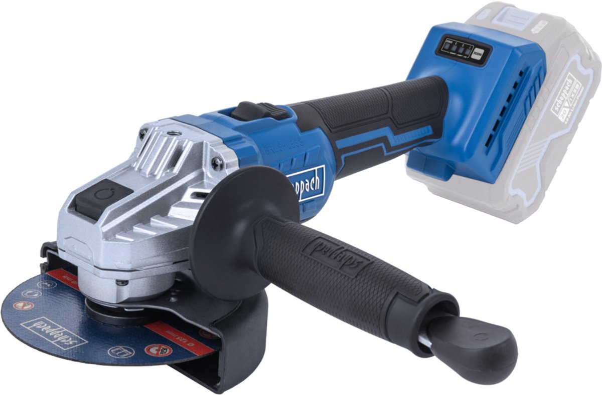 Scheppach Accu Haakse Slijper 20V BC-AG125P-X - Onbelast toerental 7000 – 10.000 min⁻¹ - Schijfdiameter 125 mm