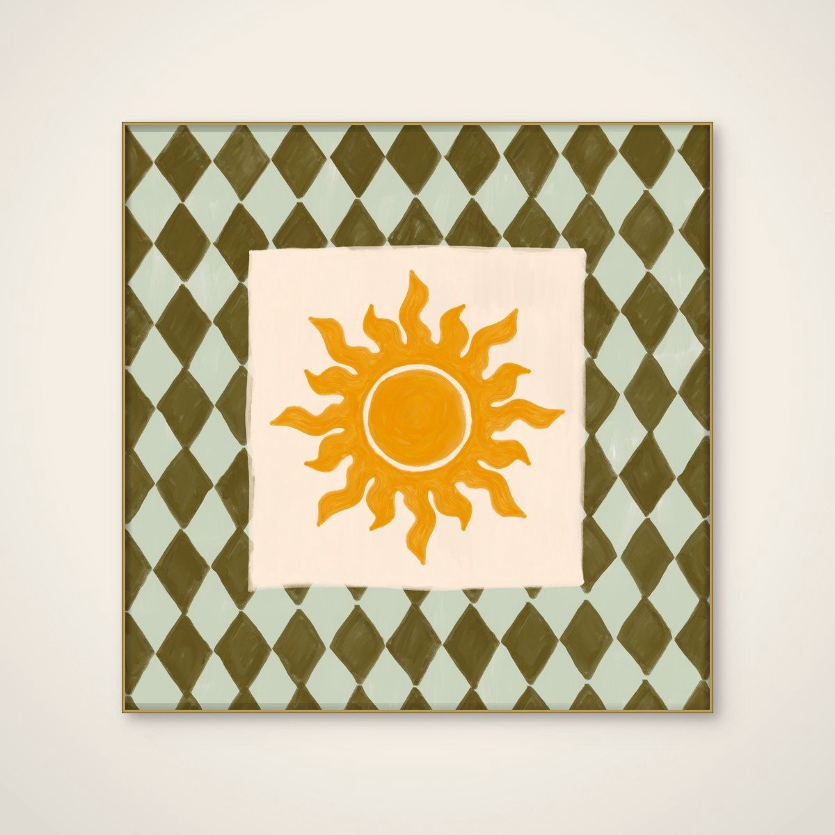 Akoestisch schilderij - 80 x 80 cm - Sunny Diamond Pattern van Katarzyna Gąsiorowska - Geometrische wanddecoratie - goud textielframe