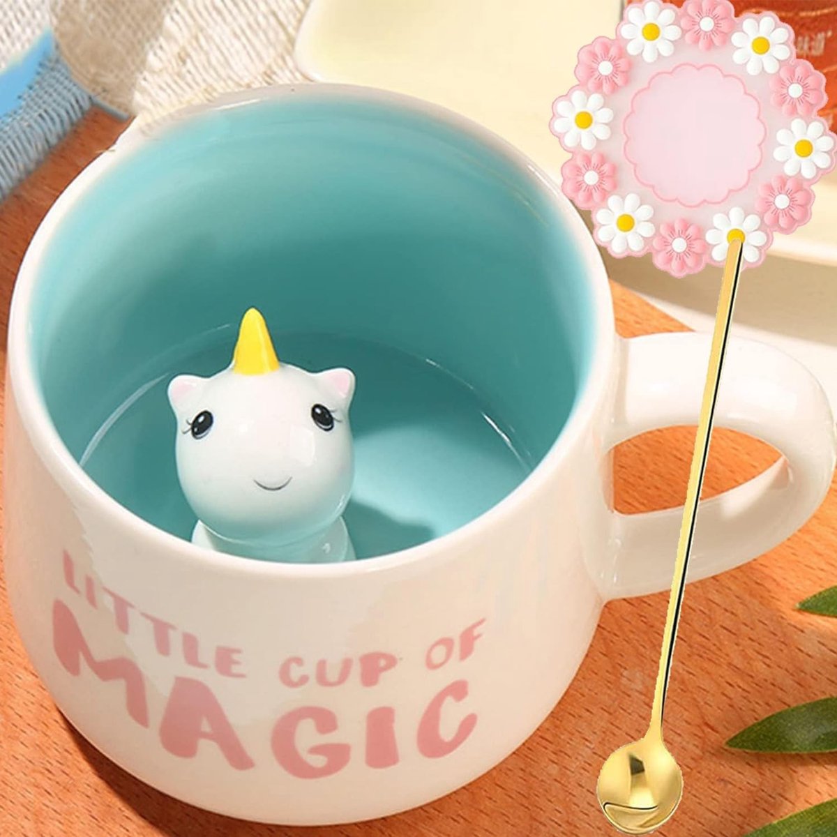 3D Eenhoorn Mok met Lepel en Onderzetter, Grappige Keramische Koffiemok voor Koffie, Thee en Cappuccino, Perfect Cadeau voor Verjaardag van Vriendin of Echtgenote, 350 ml