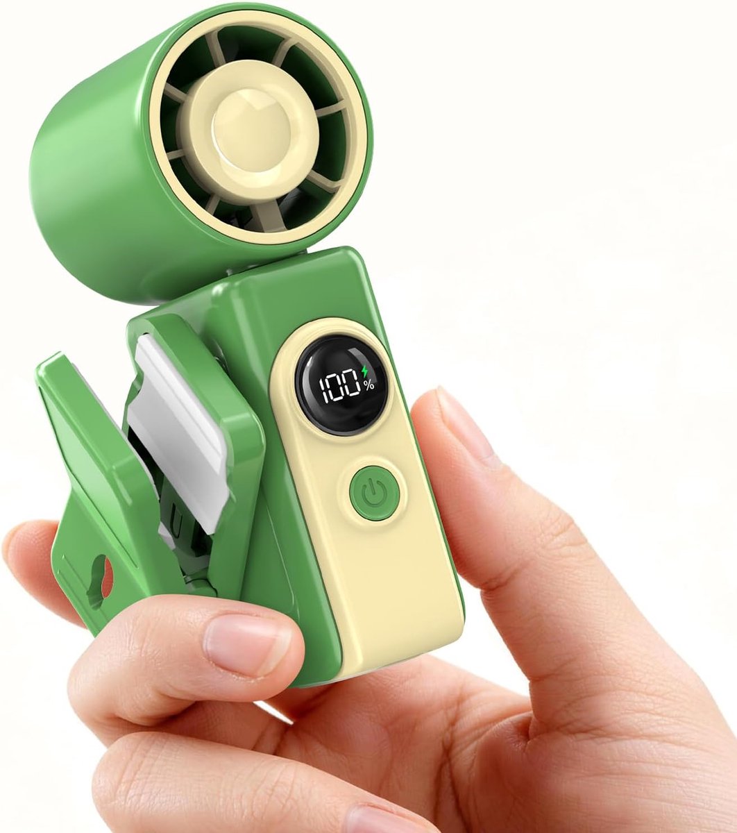 Draagbaar - Clip-on - Miniventilator - Handsfree - Turbo - Persoonlijke handventilator - Oplaadbaar - 4 windsnelheden - LED-display - Zakformaat - Zomer - Reizen/Wimperverzorging/Strand/Concert - Groen-1 stuk