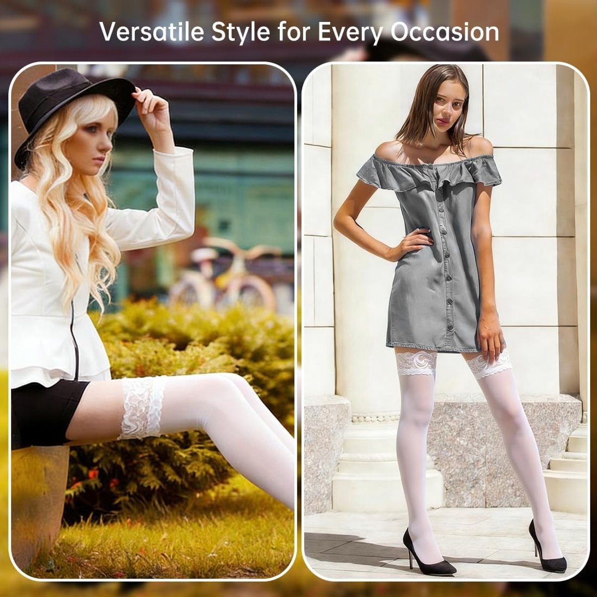 Elegante Zelfklevende Witte Kousen met Kant, Thigh High en Antislip Siliconen Band voor Dagelijks Gebruik en Speciale Gelegenheden