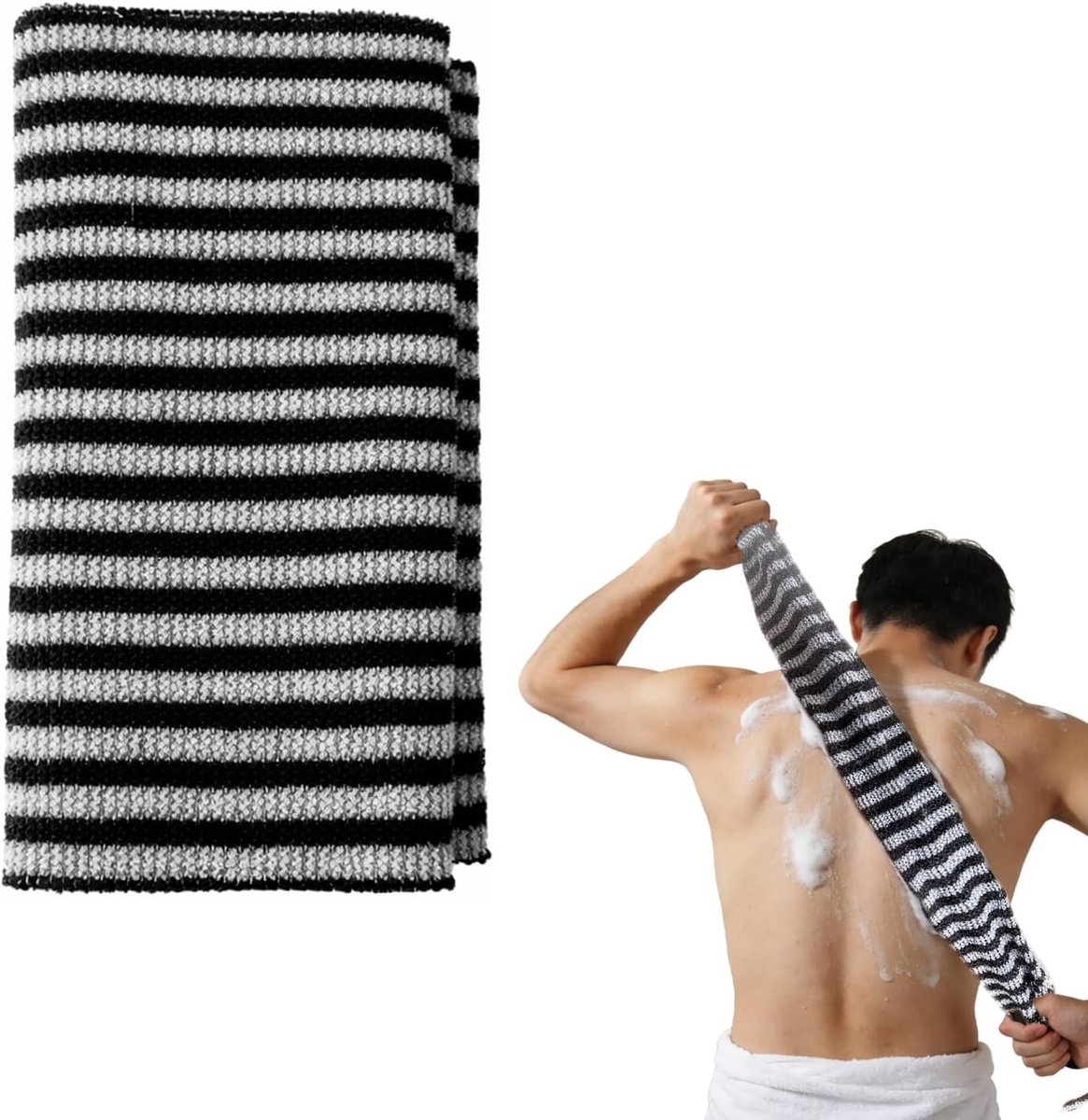 Extra Lange Douchehanddoek voor Rug Scrubben, Lichaamsreiniging voor Mannen en Vrouwen, Zwart met Strepen