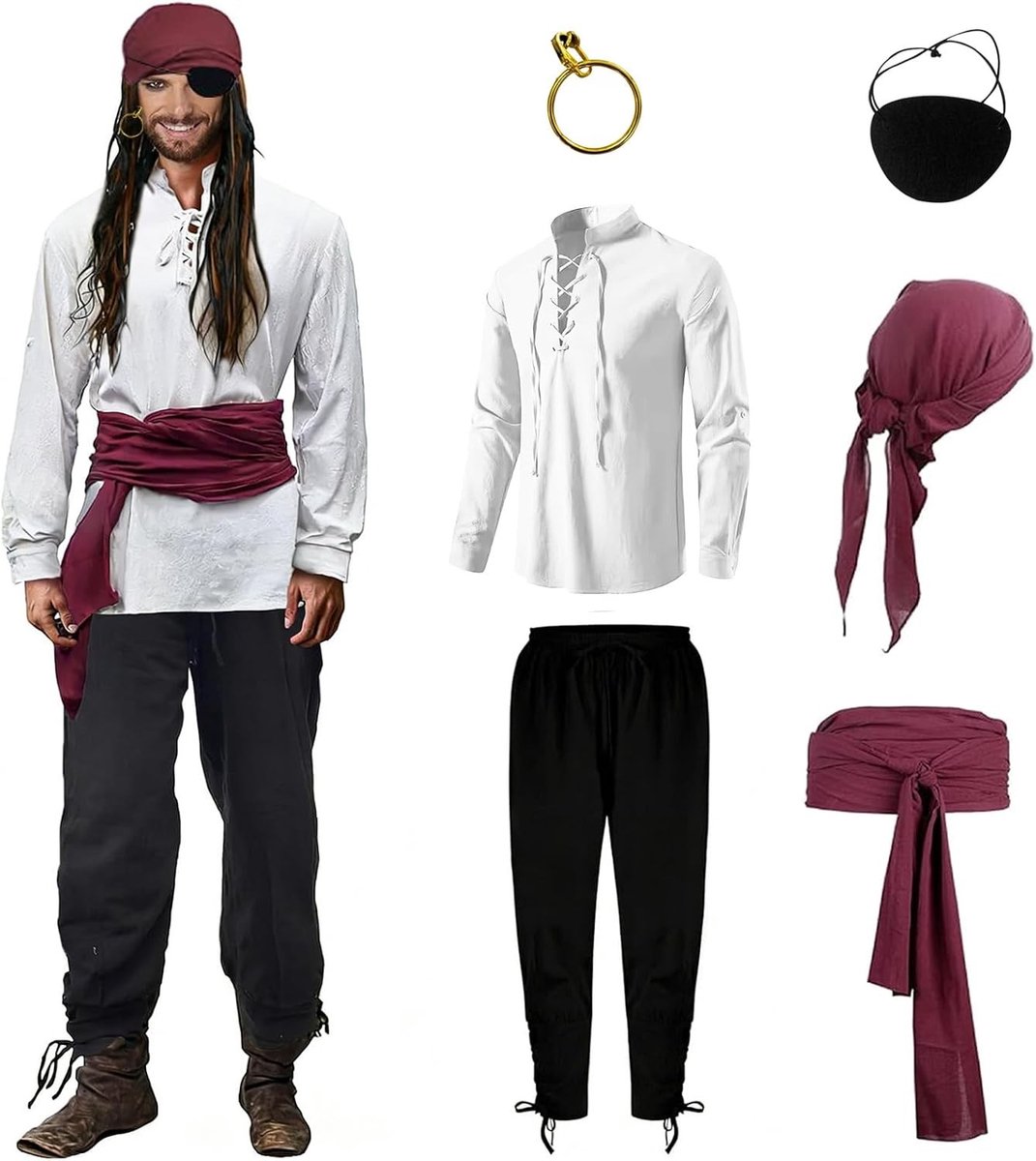 Piratenkostuum Set met 6 Stuks: Shirt, Lange Sjaal, Riem, Oorbellen voor Halloween en Carnaval Cosplay