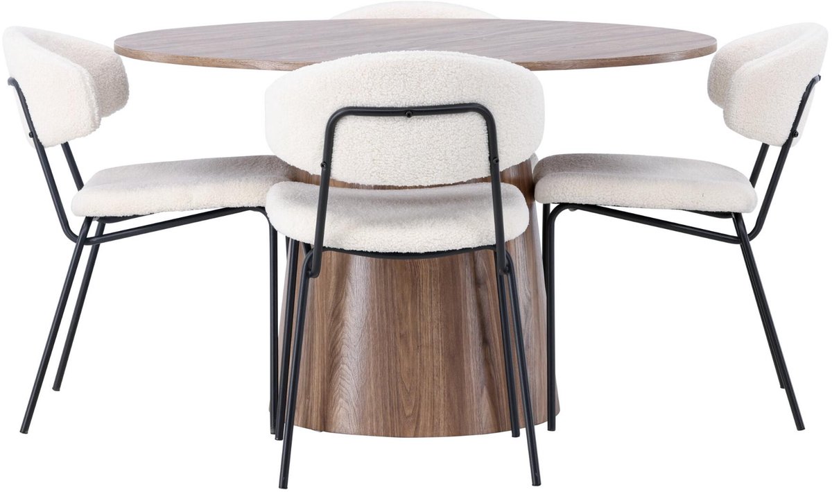 Lanzo eethoek eettafel naturel 4 stoelen bouclé wit.