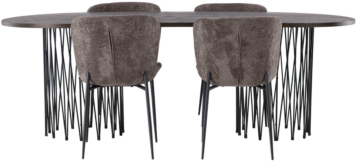 Stone eethoek eettafel mokka 4 stoelen bouclé bruin.