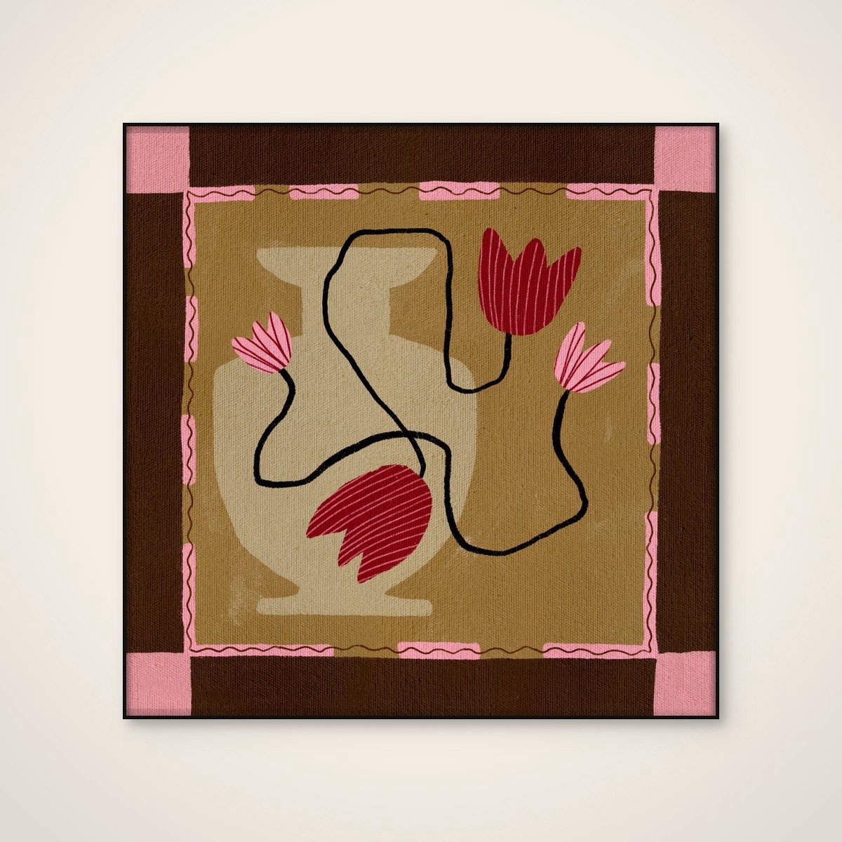 Akoestisch schilderij - 100 x 100 cm - Out of Vase Blooms 4 van Shatha Al Dafai - Abstracte wanddecoratie - zwart textielframe
