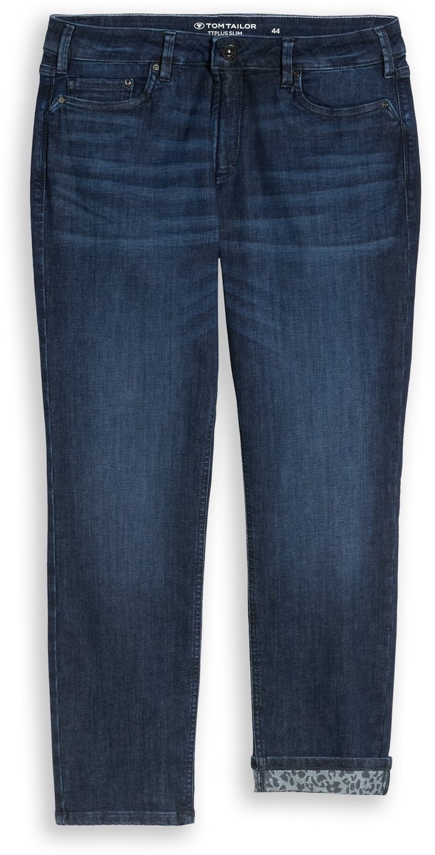 Tom Tailor - Plus Size - TTPLUS SLIM-jeans met luipaardprint en omgeslagen boord - Maat 44 - dark blue denim