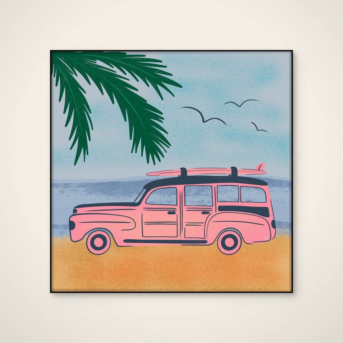 Akoestisch schilderij - 80 x 80 cm - Pink Beach Surfer Car van Carrie Cantwell - Abstracte wanddecoratie - zwart textielframe