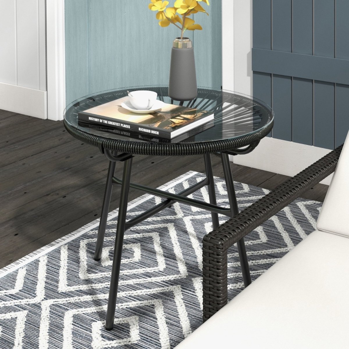 STILVORA Tuintafel - Boho Bijzettafel Voor Tuin En Balkon - Gehard Glazen Blad Met Rotanlook - Zwart - Rond - 50x50x50 Cm