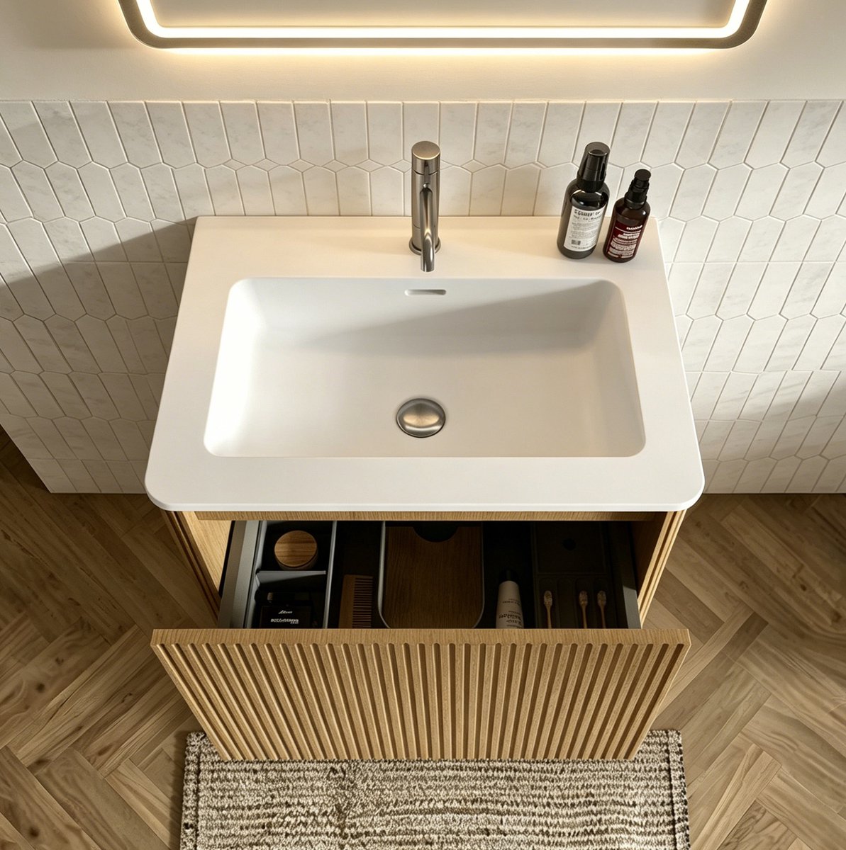 OKWISH Badkamermeubel - Wandhangend Met Wastafel En Opberglade - Voor Kleine Badkamers - Eikenkleur MDF En Solid Surface - 60 cm
