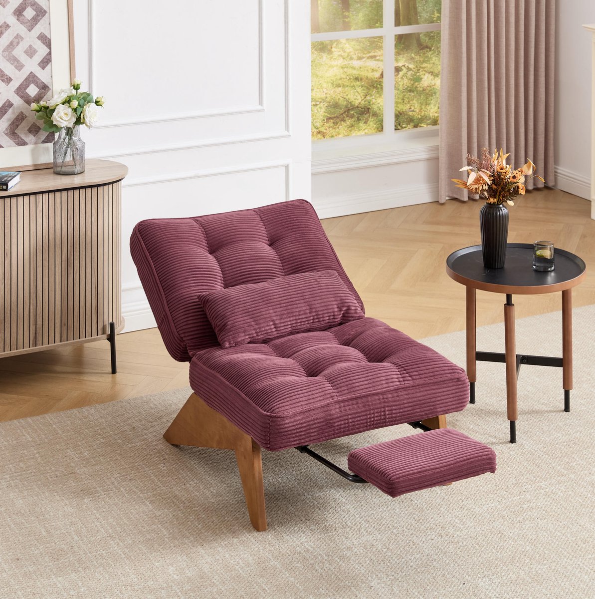 FloraGrace Relaxfauteuil 73 x 127 x 90 cm - Verstelbare Rugleuning, Voetensteun En Lendenkussen - Voor Woonkamer Of Studeerkamer - Corduroy - Wijnrood