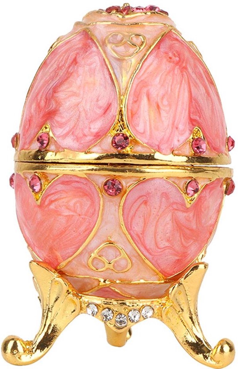 Fabergé geëmailleerde diamanten sieradendoos, klassieke vintage handbeschilderde eieren, verzamelobject, geëmailleerde paaseidecoratie met scharnieren voor ketting, armband, ring, woonaccessoires, cadeaus (roze)