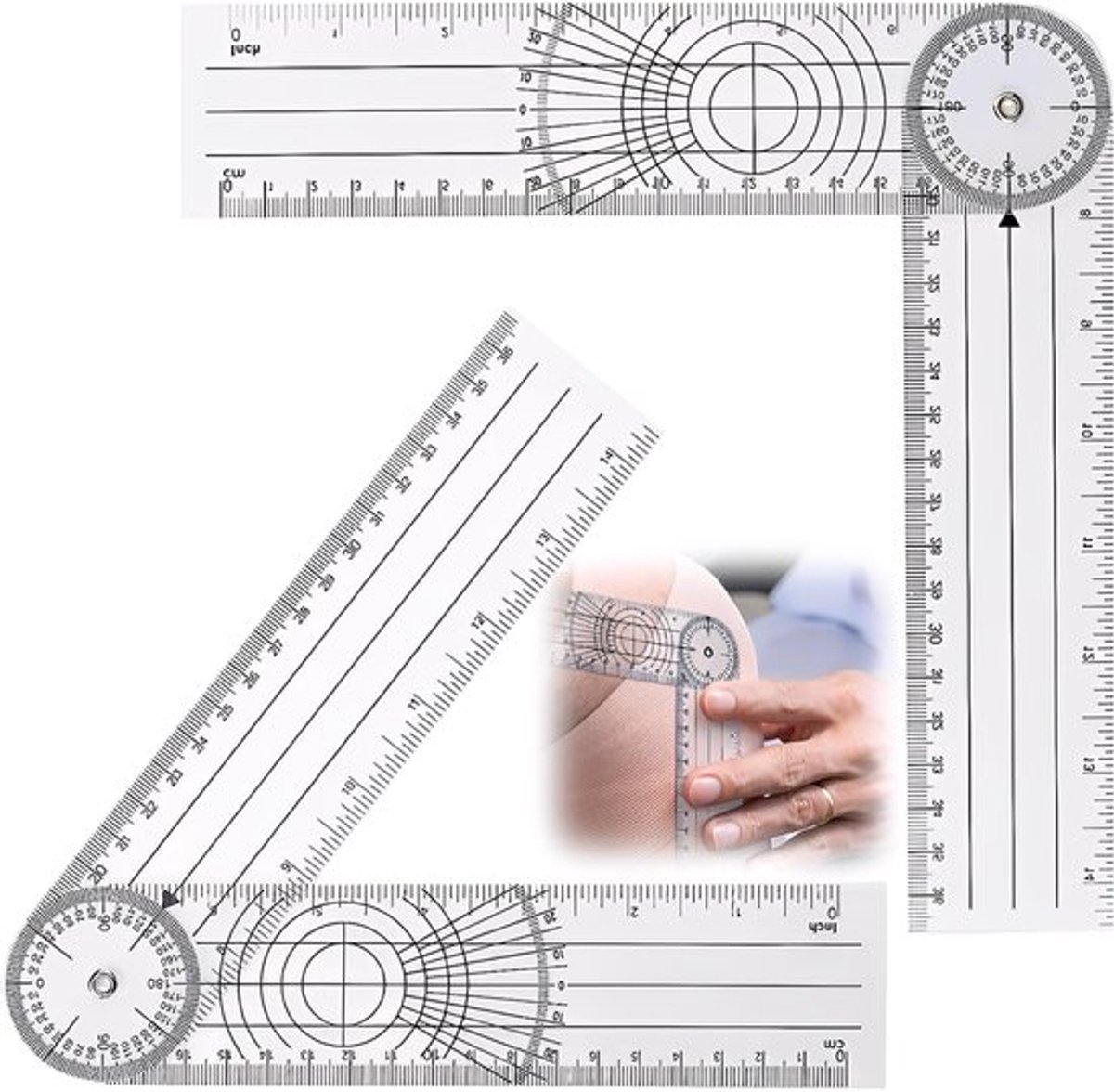 2 stuks 360° draaibare pvc-bioscoop-goniometer, cm/inch, multifunctionele bioscoop-goniometer voor dagelijkse meting en cartografie en wervelkolom-liniaal
