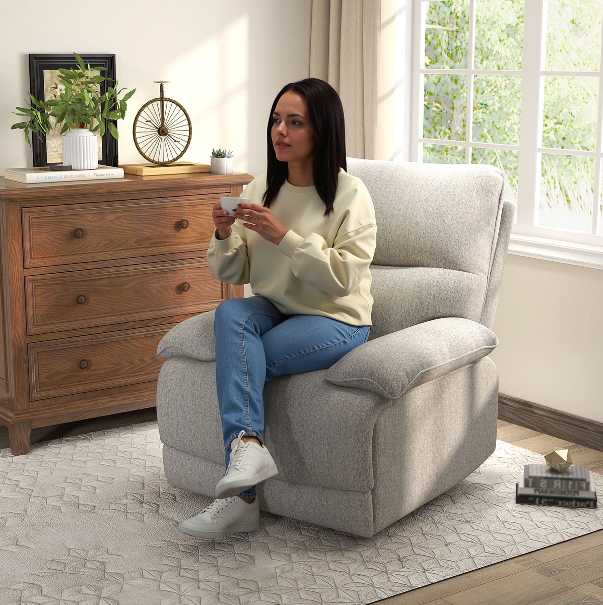 FloraGrace Fauteuil 89 x 98 x 101 cm - Handmatig Verstelbaar Met Voetensteun En Draaibare Basis - Voor Woonkamer Of Slaapkamer - Polyester - Lichtgrijs