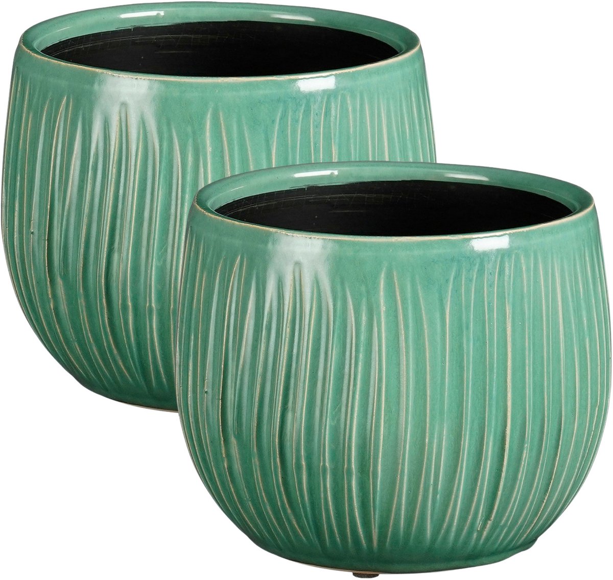 Mica Decorations Plantenpot - 2x - keramiek - groen glans / ribbels - D16 x H14 cm - bloempot Pablo