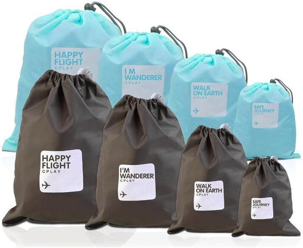 Waterdichte Nylon Trekkoordzakken voor Outdoor Activiteiten - 8 Stuks Reisopslag Tas (Lichtblauw & Bruin)