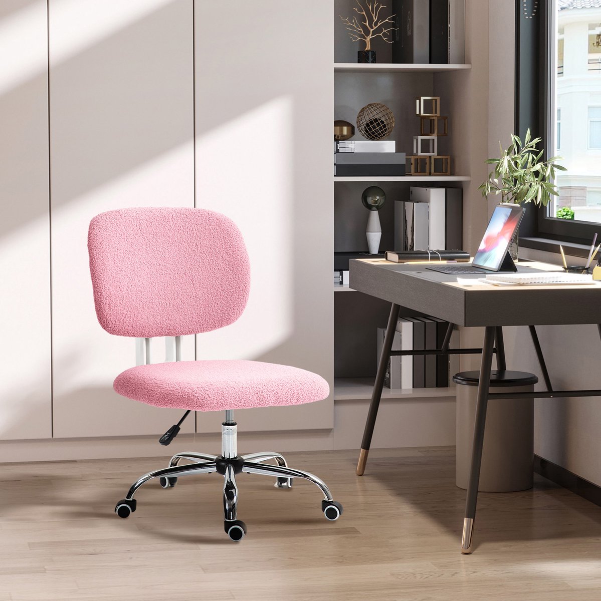 OKWISH Bureaustoel – Ergonomisch En Hoogteverstelbaar – Zonder Armleuningen – Polyester – Roze – Draaibaar Voor Thuiskantoor En Gamekamer