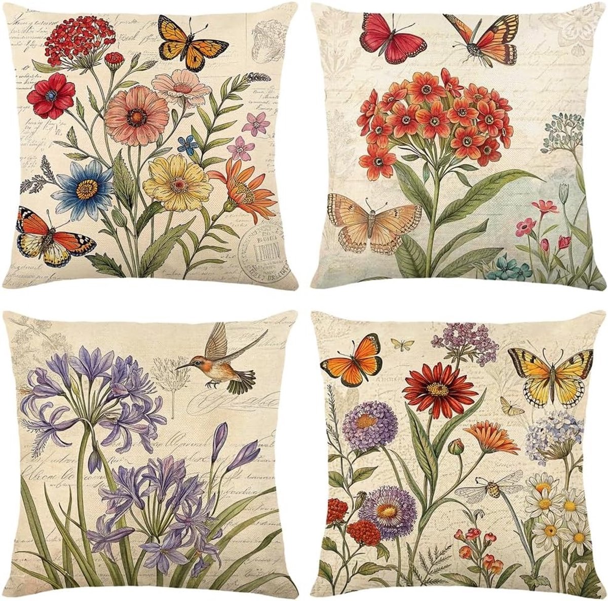 Kussenhoezen met Lente Bloemen en Vlinders voor Sofa en Slaapkamer - Decoratieve Linnen Kussens 4 Stuks 40x40 cm