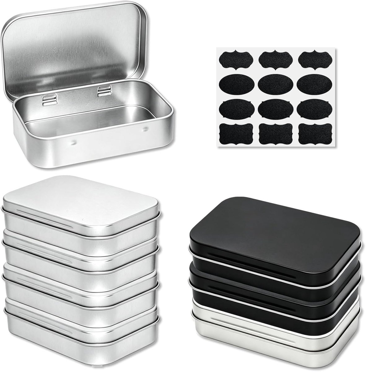 Kleine rechthoekige metalen blikjes, set van 8, ideaal voor snoep, pillen en kleine spulletjes (4 zilver + 4 zwart)