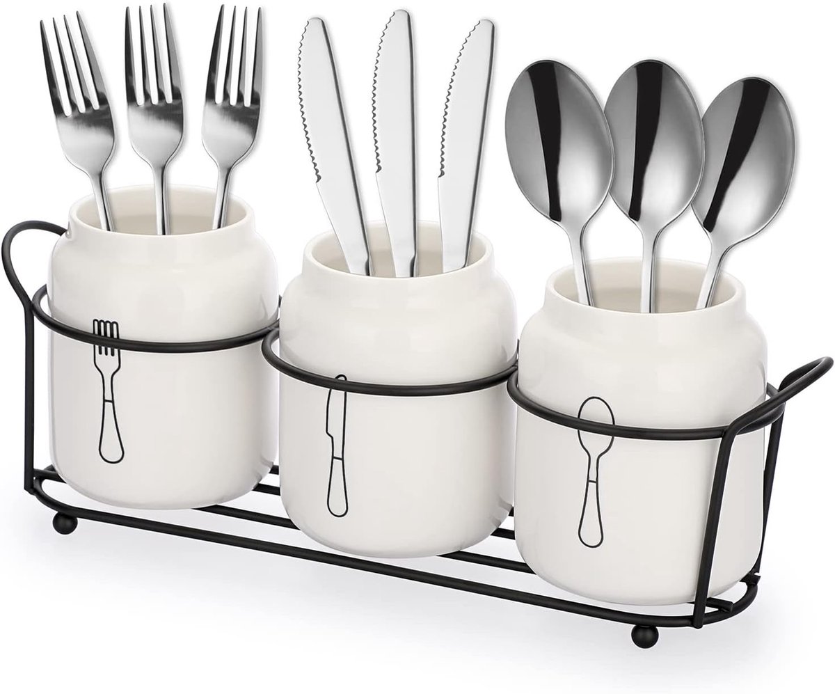 3-delige keramische besteklade met metalen frame - Bestekhouder en keukengerei-organizer voor tafel en kast